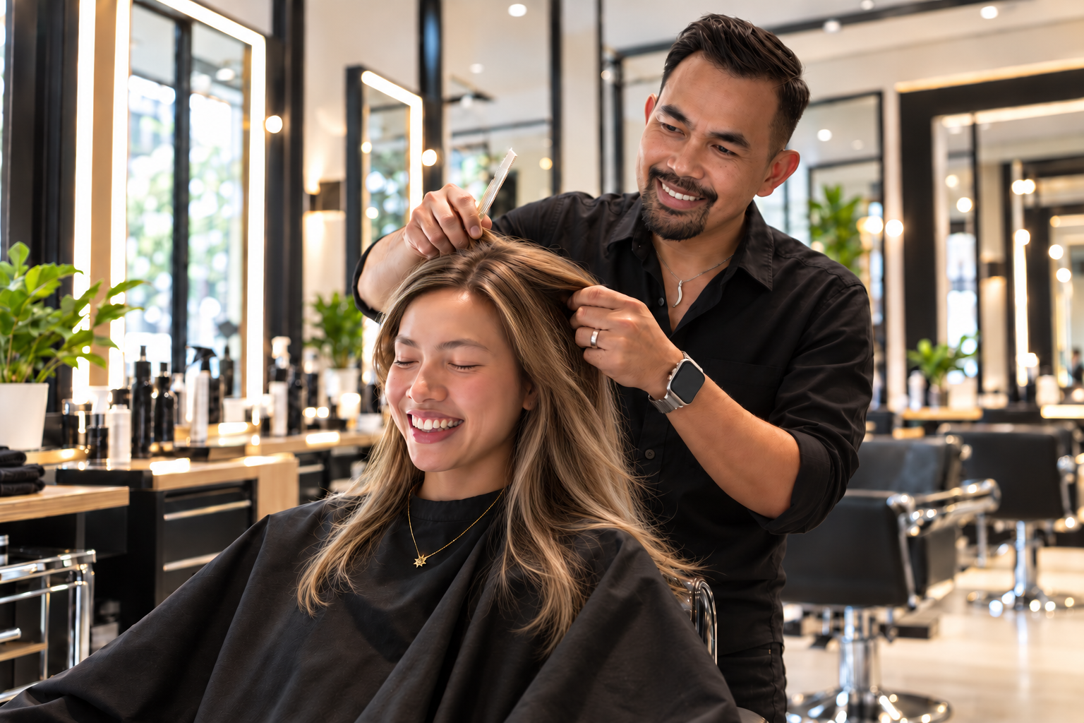 Stylist smiling behind a seated client as he works on her highlighted hair at Platino Salon & Suites
